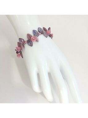Vintage Czech purple beaded bracelet stretch Leaves Flowers